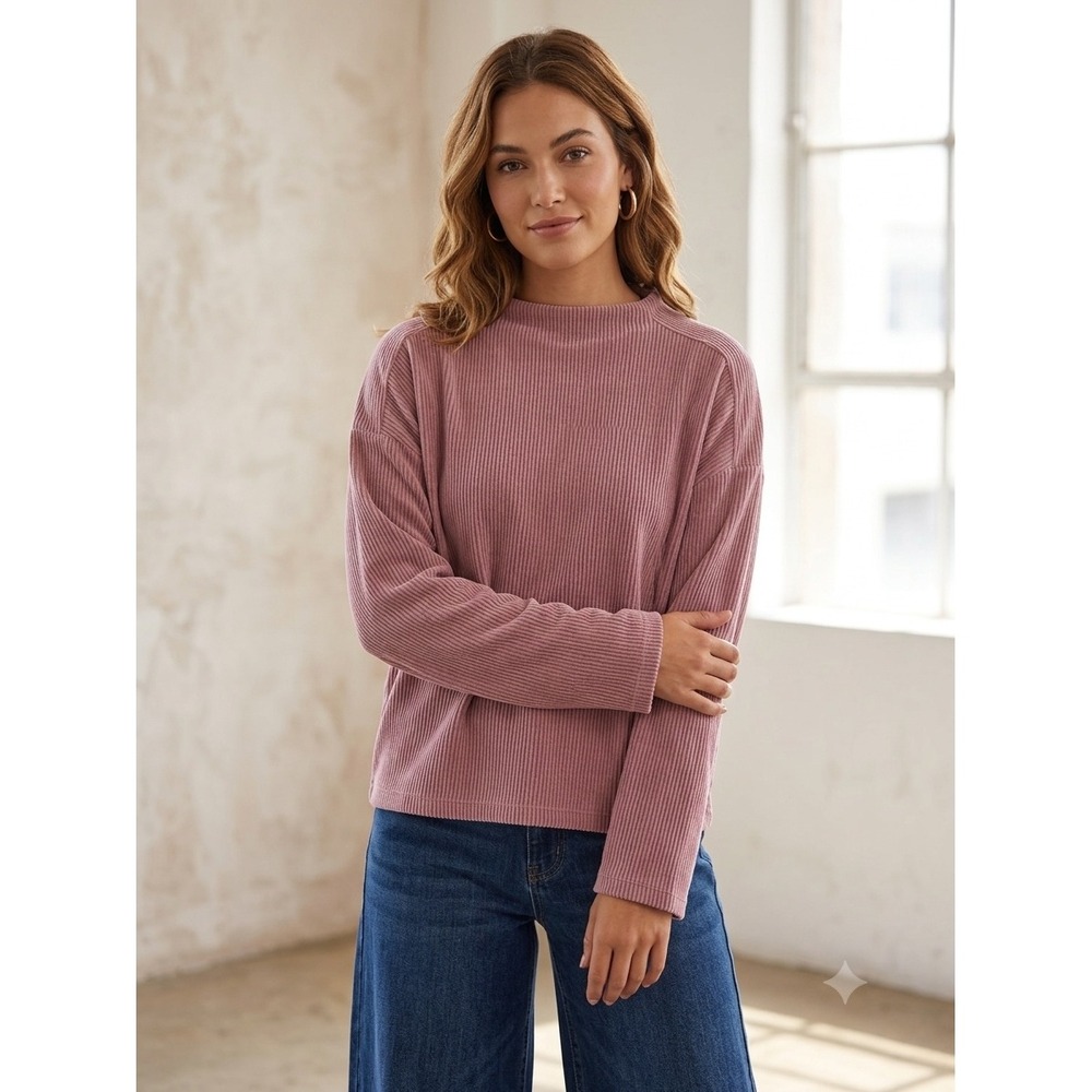Madewell Ribbed Mock Neck Top Dusty Rose Pink Long Sleeve Knit Shirt Medium